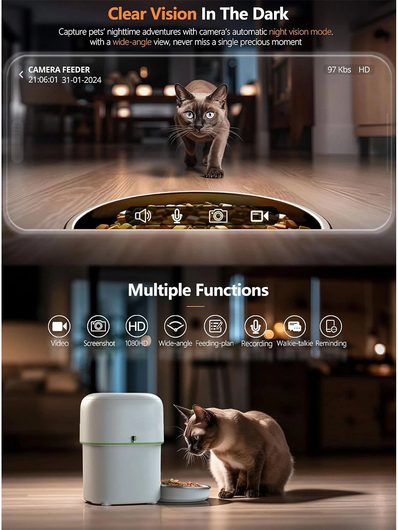Smart Cat Feeder with 1080P Camera - WiFi Automatic Food Dispenser